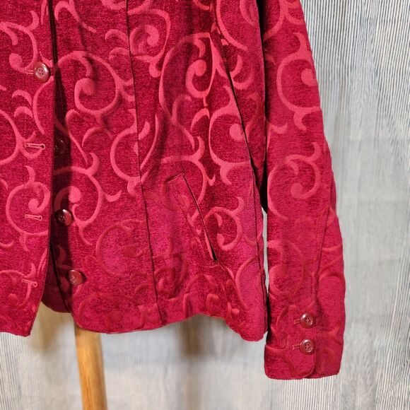 Croft & Barrow $65 XL‎ Red Burgundy Brocade Velvet Button Up Jacket Pockets - Picture 2 of 10